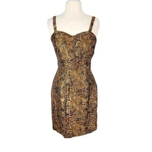 Michelle Antonelli Metallic Gold Brocade Print Silk Dress
